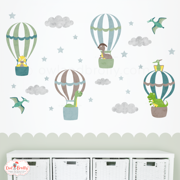 Dinosaur Hot Air Balloons Wall Stickers (Muted Colours Yellows, Browns, Greens and Blues)