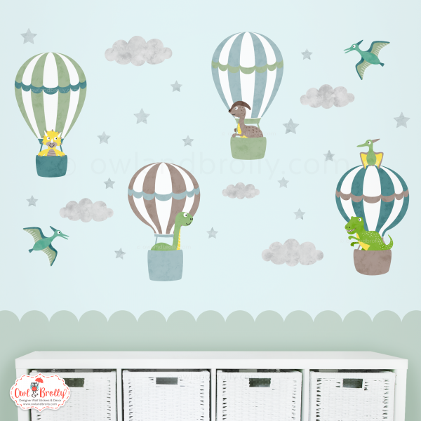 Dinosaur Hot Air Balloons Wall Stickers (Muted Colours Yellows, Browns, Greens and Blues) - Image 3