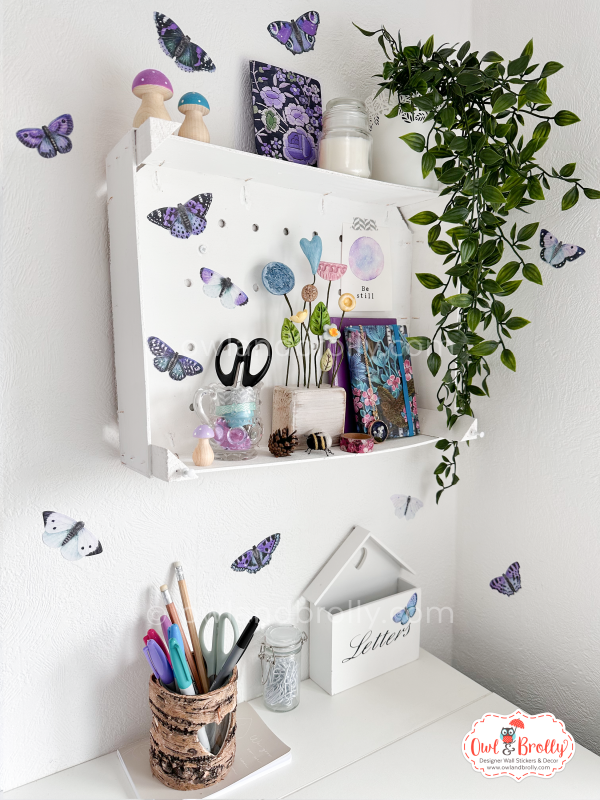 Watercolour British Butterfly Wall Decals (smaller spaces collection A5 sheet) Blue Green Mauve Purple