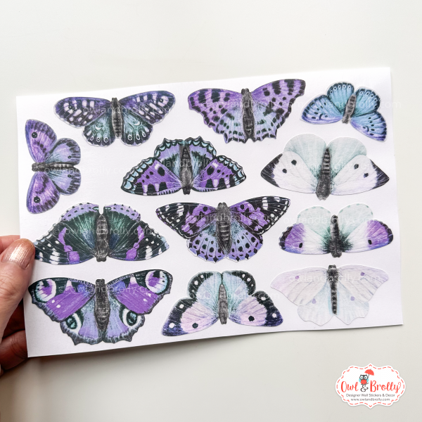 Watercolour British Butterfly Wall Decals (smaller spaces collection A5 sheet) Blue Green Mauve Purple - Image 2