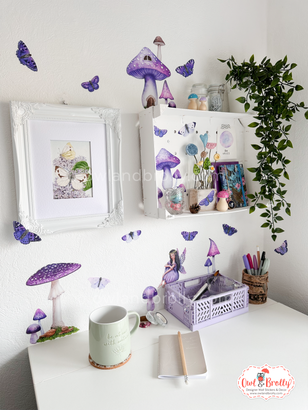Watercolour Butterflies, Toadstools and Fairy Wall Stickers Combination (with non shimmer blue purple butterflies)