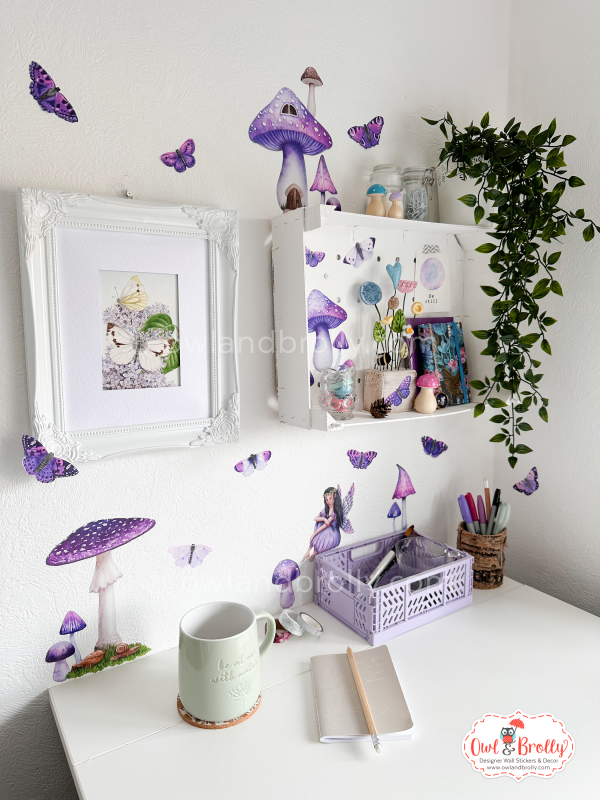 Watercolour Butterflies, Toadstools and Fairy Wall Stickers Combination (with non shimmer pink purple butterflies)