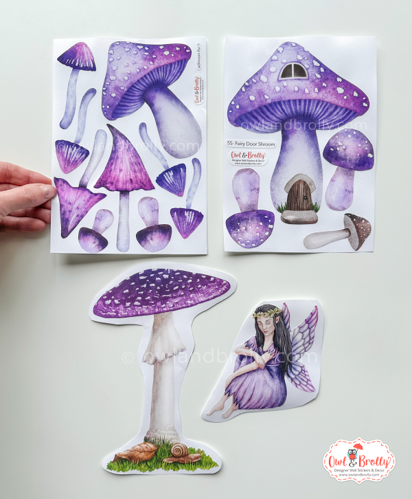 Watercolour Butterflies, Toadstools and Fairy Wall Stickers Combination (with non shimmer pink purple butterflies) - Image 2