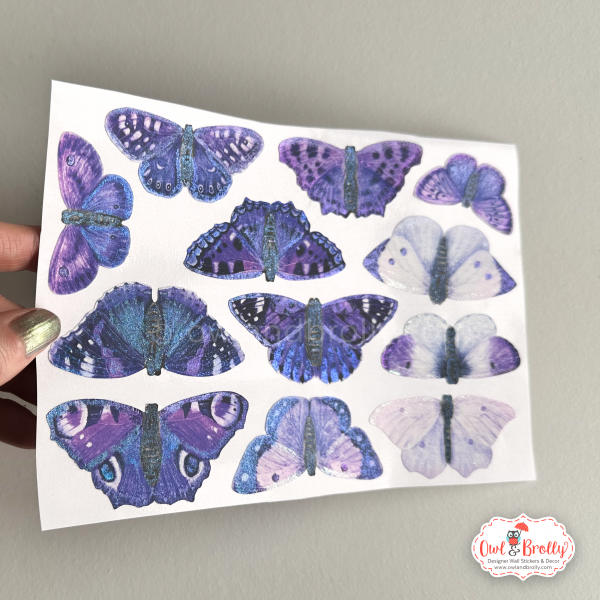 Watercolour Hand Shimmered British Butterfly Wall Decals (smaller spaces collection A5 sheet) Blues Purples
