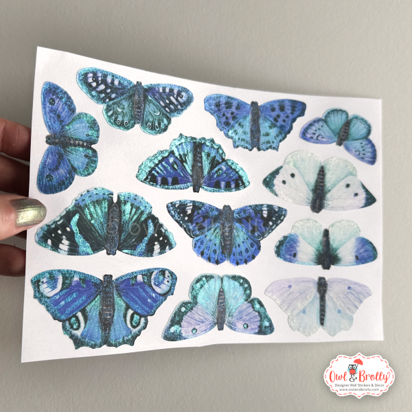 Watercolour Hand Shimmered British Butterfly Wall Decals (smaller spaces collection A5 sheet) Blues and Greens