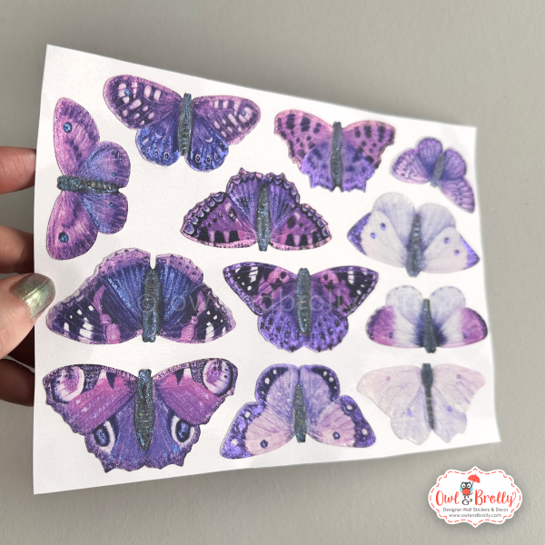 Watercolour Hand Shimmered British Butterfly Wall Decals (smaller spaces collection A5 sheet) Pink Purples