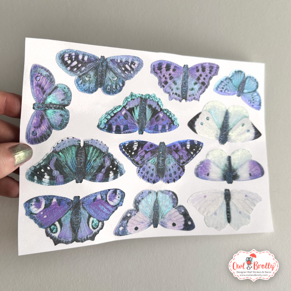 Watercolour Hand Shimmered British Butterfly Wall Decals (smaller spaces collection A5 sheet) Mix Coloured Set