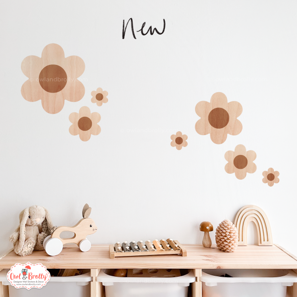 Wooden Plywood Printed Faux Effect Daisy Wall Stickers