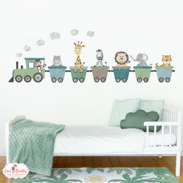Jungle Animal Train Wall Stickers 6 Carriages - Muted Neutral Colours