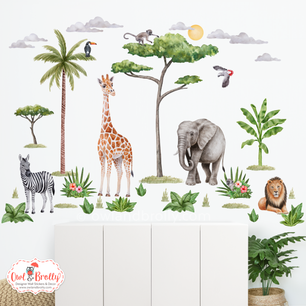 Watercolour Jungle Safari Animal Fabric Wall Sticker Decals Medium Scale