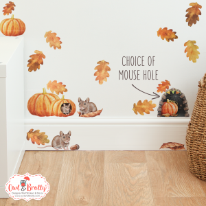 Watercolour Mouse Autumn Small Wall Sticker Set with 3 Pumpkins and 2 mice with Oak Leaves - Mouse Hole and Mice Variations
