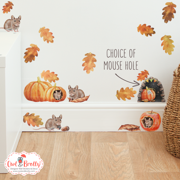 Watercolour Autumn Large mouse Selection Wall Sticker Set with 2 Pumpkins and 3 mice with Apple - Mouse Hole Variations and Oak Leaves