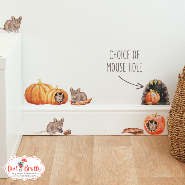 Watercolour Autumn Large mouse Selection Wall Sticker Set with 2 Pumpkins and 3 mice with Apple - Mouse Hole Variations