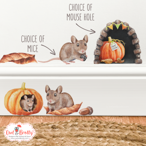 Watercolour Mouse Autumn Small Wall Sticker Set with Mouse Pumpkin and 2 mice - Mouse Hole and Mice Variations