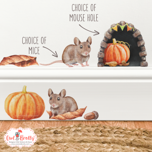 Watercolour Mouse Autumn Small Wall Sticker Set with Plain Pumpkin and 2 mice - Mouse Hole and Mice Variations