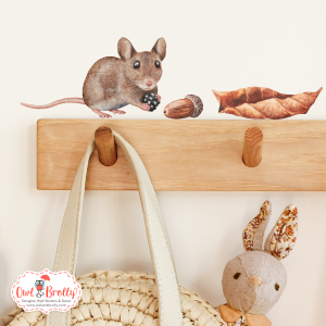 Watercolour Mouse Autumn Wall Sticker - With Berry, Leaf And Small Acorn