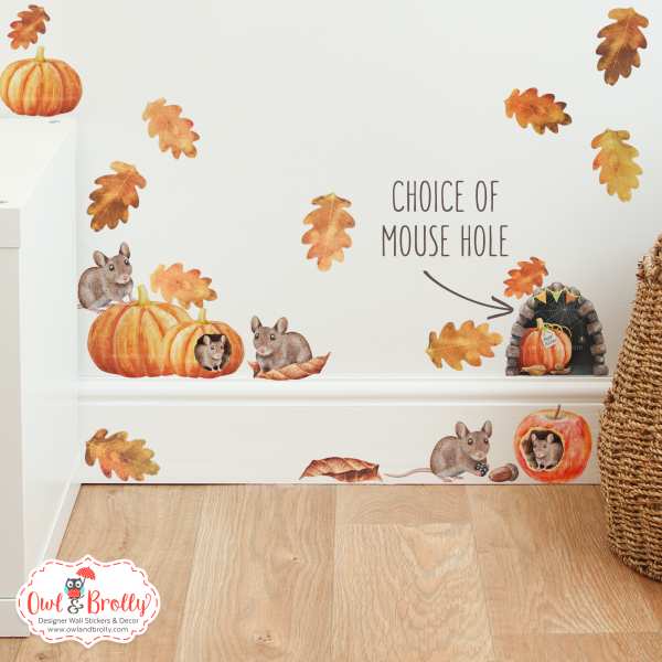 Watercolour Autumn Large Mouse Selection Wall Sticker Set with 3 Pumpkins and 3 mice with Apple and Oak Leaves - Mouse Hole Variations