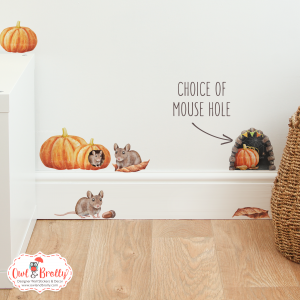Watercolour Mouse Autumn Small Wall Sticker Set with 3 Pumpkins and 2 mice - Mouse Hole and Mice Variations