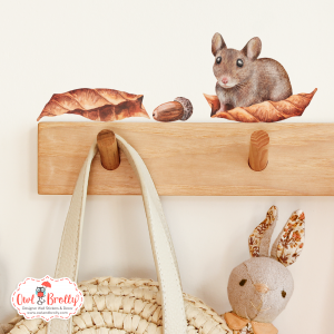 Watercolour Mouse Autumn Wall Sticker - Sitting On Leaf, With Extra Leaf And Acorn
