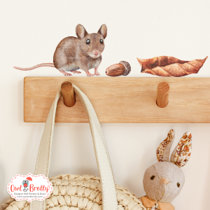 Watercolour Mouse Autumn Wall Sticker - Standing Mouse With leaf And Acorn