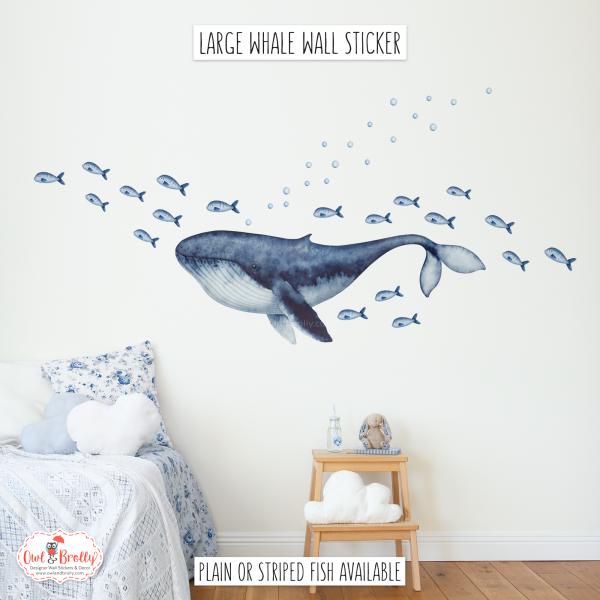 Watercolour Whale Wall Sticker Decals - Large Single Whale and Fish