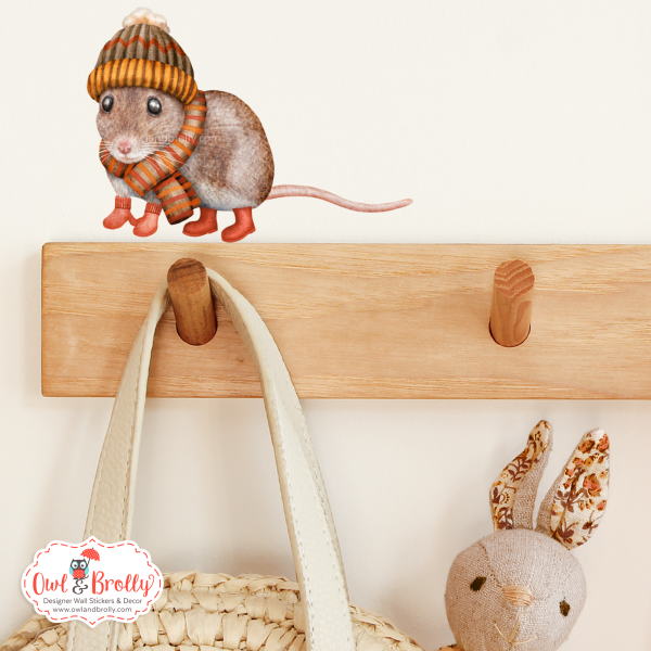 Watercolour Mouse Wall Sticker - Woolly Hat And Scarf In Autumn Colours (mittens/boots or none) - Image 2