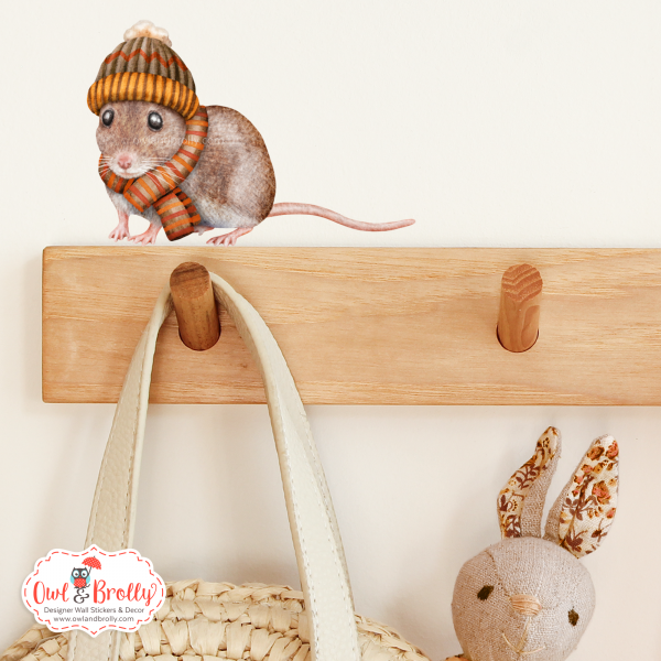 Watercolour Mouse Wall Sticker - Woolly Hat And Scarf In Autumn Colours (mittens/boots or none)