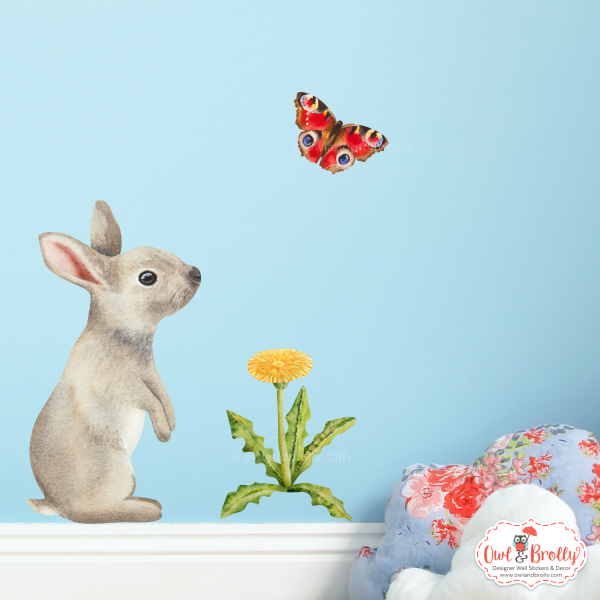 Watercolour Bunny Rabbit Wall Sticker With Butterfly And Dandelion