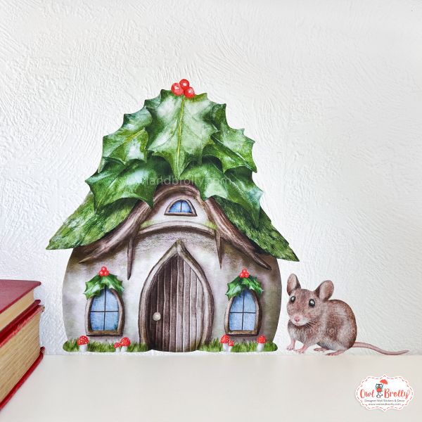 Watercolour Holly Cottage Wall Sticker with Optional Fairy or Mouse - Image 2