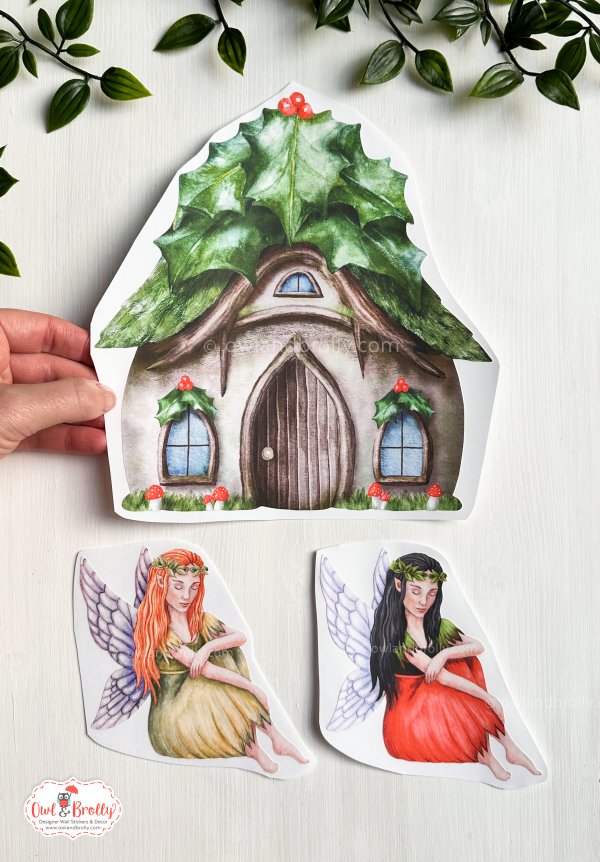 Watercolour Holly Cottage Wall Sticker with Optional Fairy or Mouse - Image 3