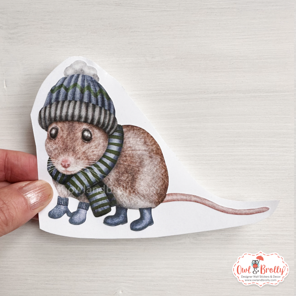 Watercolour Mouse Wall Sticker - Woolly Hat And Scarf, Muted Blues and Greens (mittens/boots or none) - Image 2