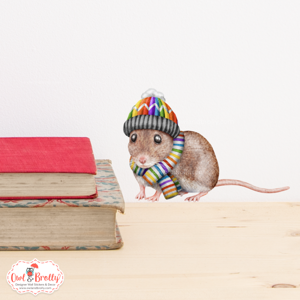 Watercolour Mouse Wall Sticker - Woolly Hat And Scarf In Rainbow Colours (mittens/boots or none) - Image 2