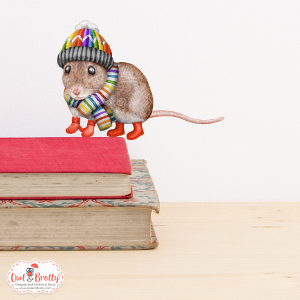 Watercolour Mouse Wall Sticker - Woolly Hat And Scarf In Rainbow Colours (mittens/boots or none)