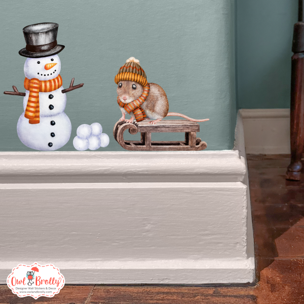 Watercolour Mouse Wall Sticker - Winter Snowman And Woolly Hat Mouse Set In Autumn Colours (mittens/boots or none) - Image 2