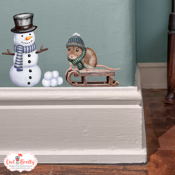 Watercolour Mouse Wall Sticker - Winter Snowman And Woolly Hat Mouse Set In Muted Blues and Green Colours (mittens/boots or none) - Image 2