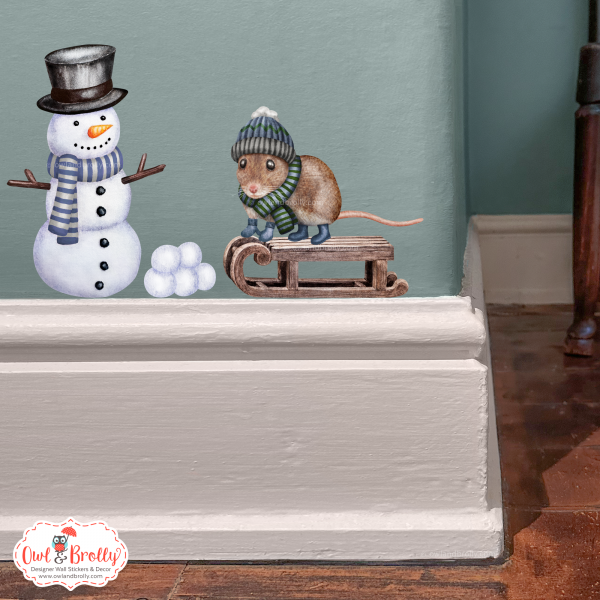 Watercolour Mouse Wall Sticker - Winter Snowman And Woolly Hat Mouse Set In Muted Blues and Green Colours (mittens/boots or none)