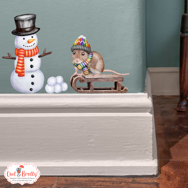 Watercolour Mouse Wall Sticker - Winter Snowman And Woolly Hat mouse Set In Rainbow Colours (mittens/boots or none)