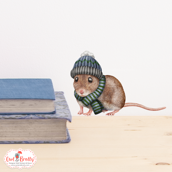 Watercolour Mouse Wall Sticker - Woolly Hat And Scarf, Muted Blues and Greens (mittens/boots or none)