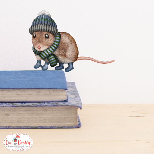 Watercolour Mouse Wall Sticker - Woolly Hat And Scarf, Muted Blues and Greens (mittens/boots or none) - Image 4