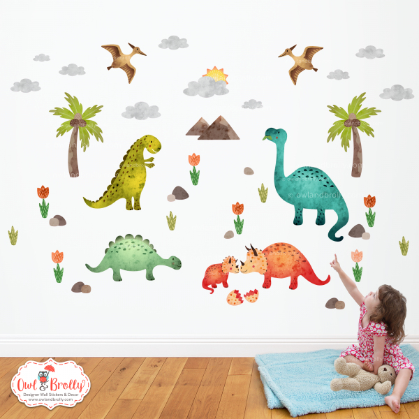 Dinosaur Wall Stickers Medium Scene (Muted Greens Teal Orange Red)
