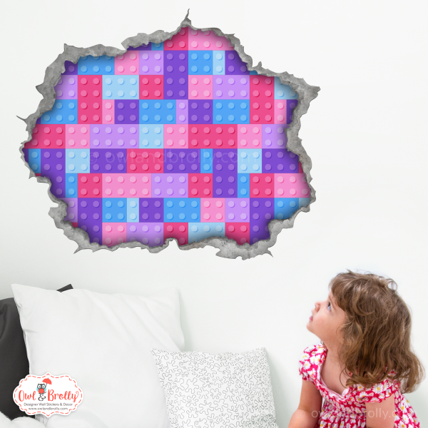 Hole in the wall wall sticker - pastel pinks purples lilacs aqua toy building bricks