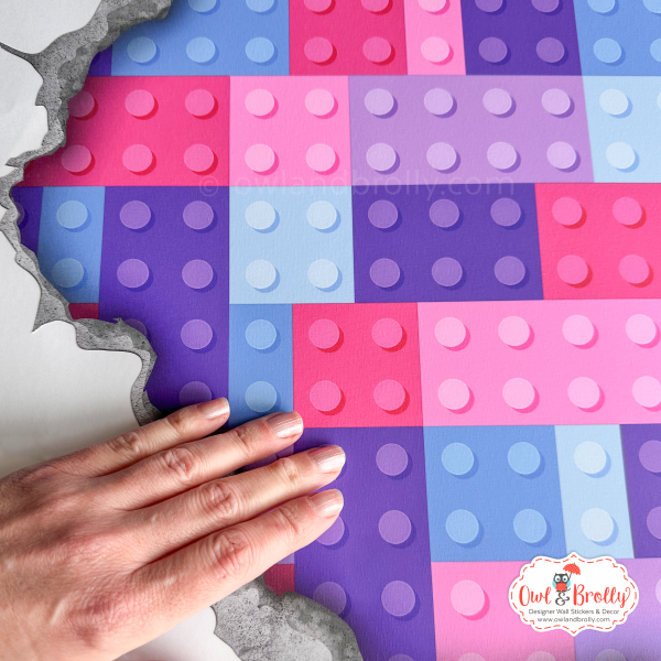 Hole in the wall wall sticker - pastel pinks purples lilacs aqua toy building bricks - Image 2